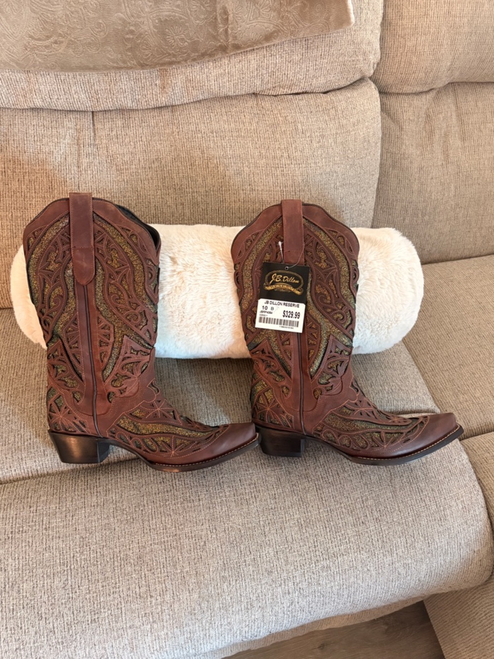 J.B. Dillon Brown Leather Western Boots with Green Inlay